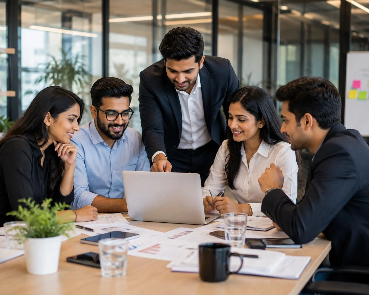 Professional business team discussing project strategies while working on a laptop in office